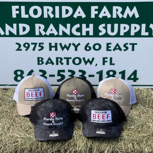 Trucker hats on display.