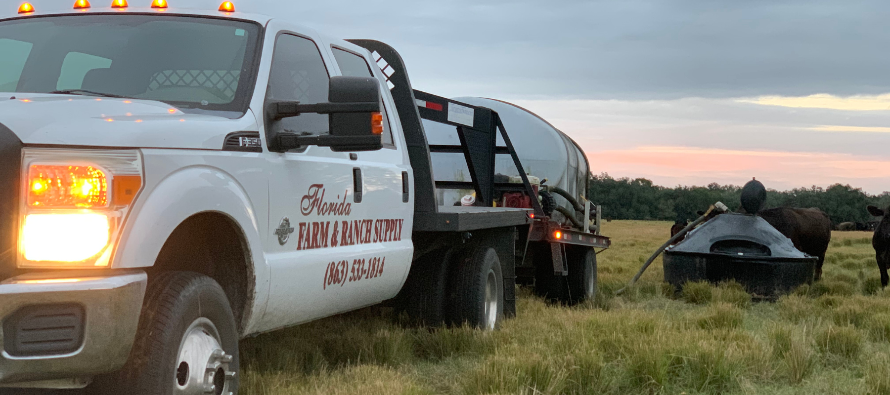 A Florida Farm & Ranch branded truck parked in a pasture with cows feeding in the background.