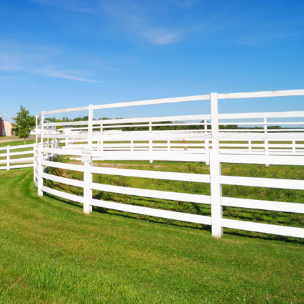 FencingA white farm fence containing a pasture on a clear day
